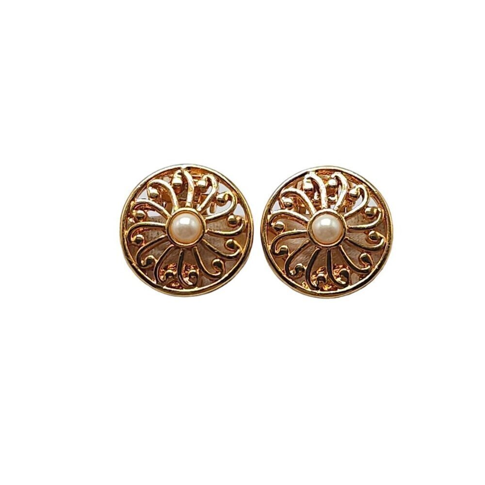 Faux Pearl Round Openwork Ornate Earrings Clip on Closure Gold Tone Vintage